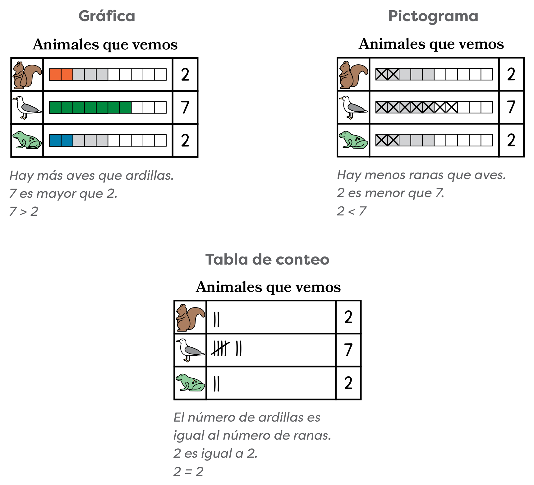 Los mismos datos sobre los animales que vemos, 2 ardillas, 7 aves y 2 ranas, mostrados de tres maneras: como una gráfica de cuadros de colores, como un pictograma de casillas tachadas y como una tabla de conteo, cada una con una oración de comparación como 7 es mayor que 2