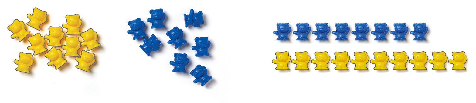 Two scattered piles of counting bears, one yellow and one blue, beside the same bears lined up in two straight rows so the totals can be counted and compared at a glance